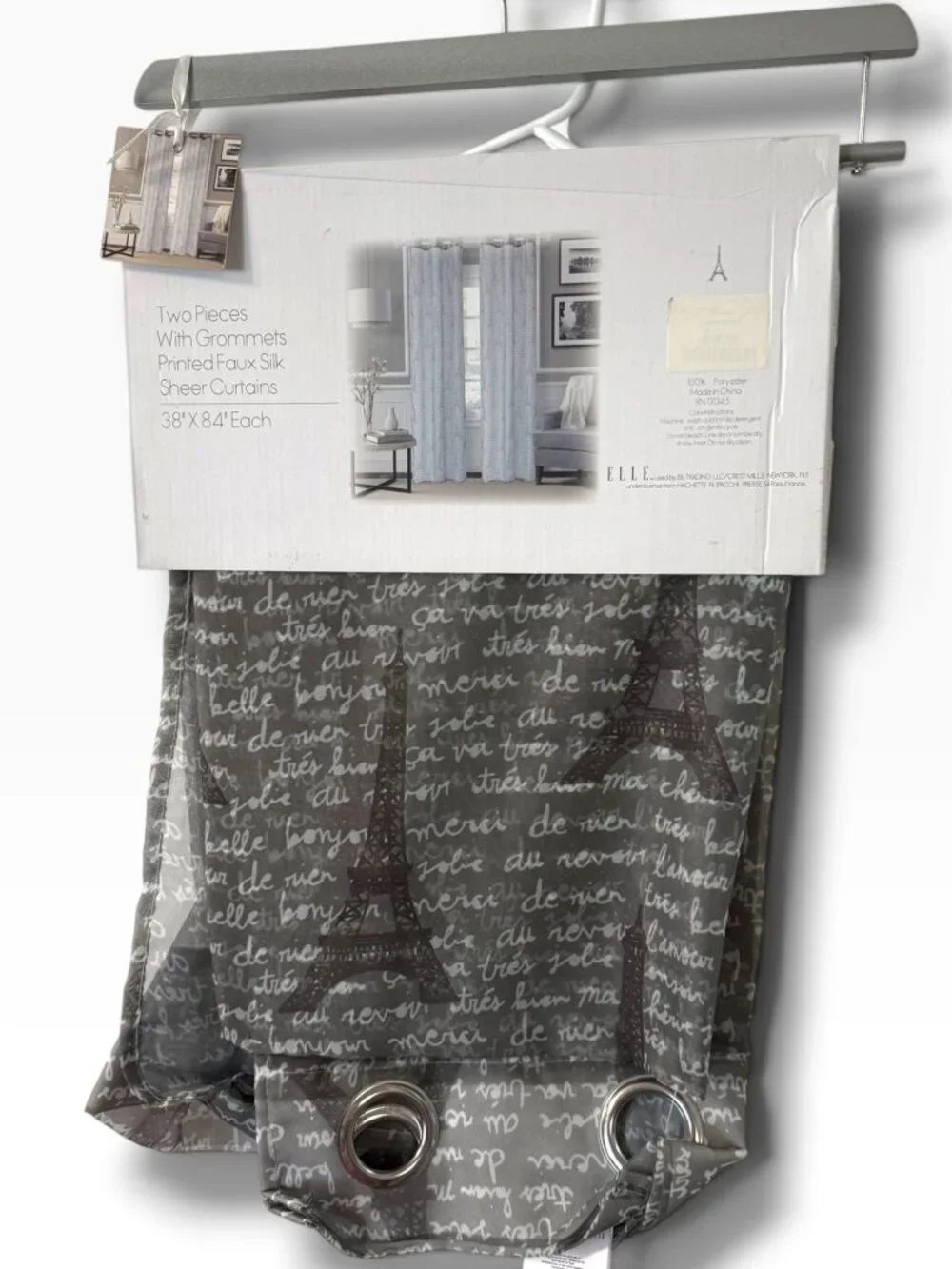 New — ELLE Decor Eiffel Tower Faux Silk Sheer Curtains – 2 Panels – 38” x 84”